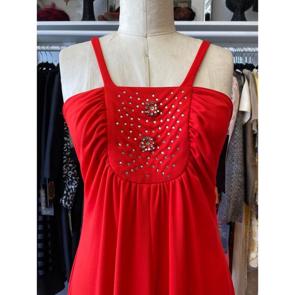 vintage 1970s red maxi dress with rhinestones and chiffon cape, s/m, mod holiday - Picture 3 of 10